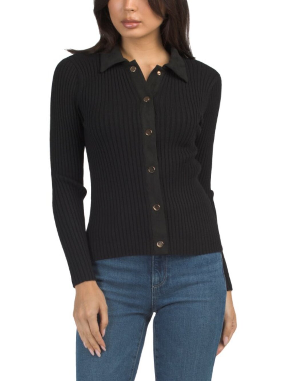 RIO & RIAN Collared Long Sleeve Button Front Top With Faux Suede Detail
